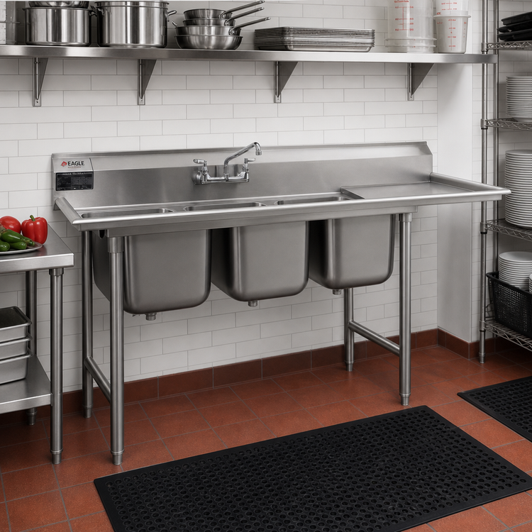 Product image #2 for Eagle Group 414 Series Coved Corner Three-Compartment Sink with Right-Hand 18-Inch Drainboard, 24 x 24 x 13-1/2-Inch Compartments