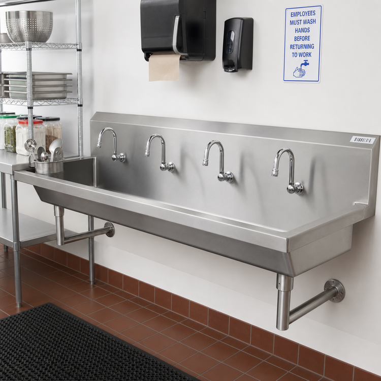 Product image #2 for BK Resources Four-Station Wall-Mounted Hand Wash Sink, 96 Inch Stainless Steel with Basket Drain