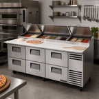 Thumbnail image #2 for True Mfg. - General Foodservice TPP-AT2-93D-6-HC 93.5-Inch 3-Section Pizza Prep Table with 6 Drawers and Self-Contained Refrigeration