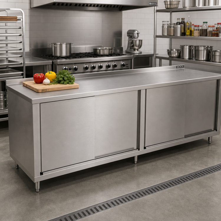 Product image #2 for John Boos 96-Inch-Wide x 36-Inch-Deep Cabinet Base Work Table with Sliding Doors and 1-1/2-Inch Rear Riser