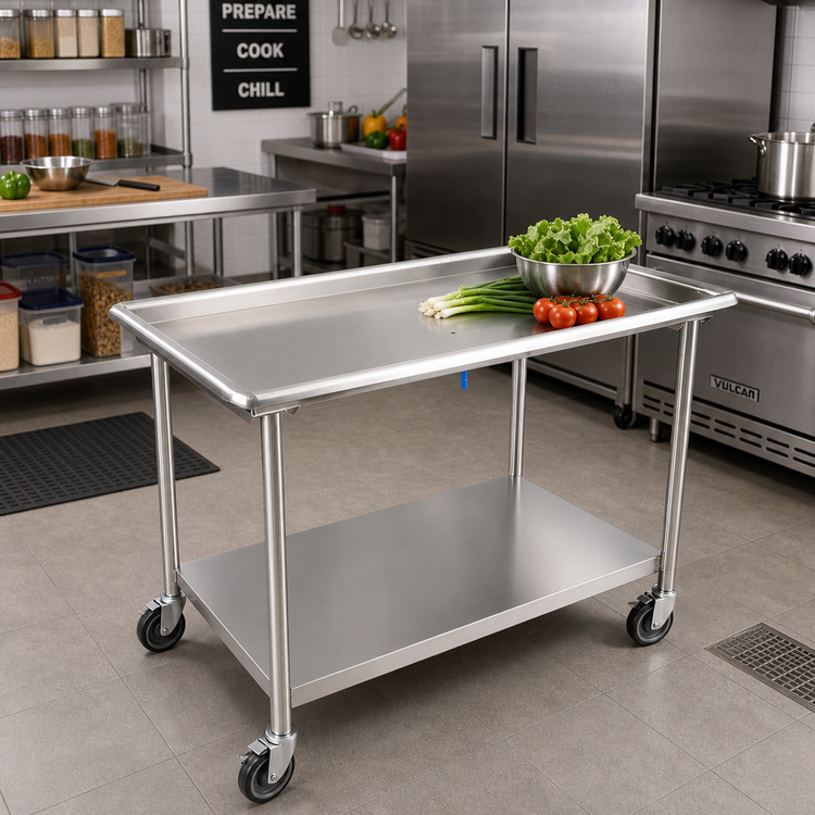 Product image #2 for John Boos 36-7/8-Inch Stainless Steel Sorting Table with Raised Edge, Undershelf, and Locking Casters