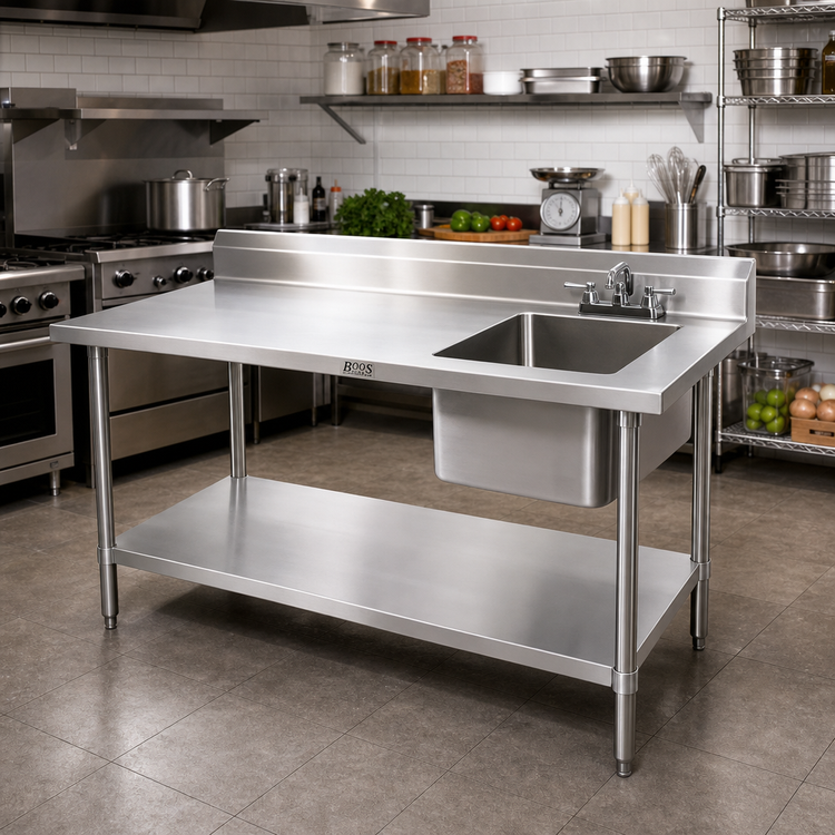 Product image #2 for John Boos 48-Inch Stainless Steel Prep Sink Work Table With Right-Side Bowl and 5-Inch Backsplash