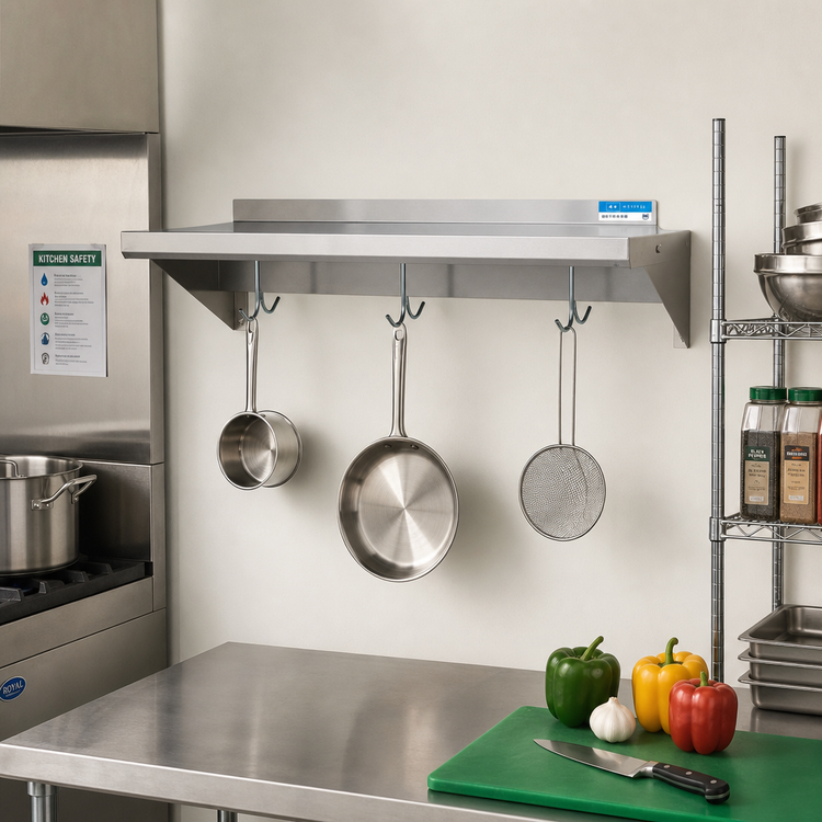 Product image #2 for BK Resources Premium Wall Shelf with Pot Rack, 48" W x 12" D, T-304 Stainless Steel