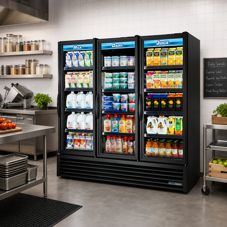 Product image #2 for True Three-Section Full-Length Glass Door Refrigerated Merchandiser with 12 Shelves, Black Exterior
