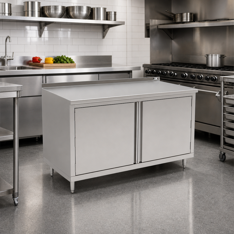 Product image #2 for John Boos Enclosed Cabinet Base Work Table with Hinged Doors, 36 x 30 Inch, 14-Gauge 300 Series Stainless Steel Top, 1-1/2 Inch Rear Riser