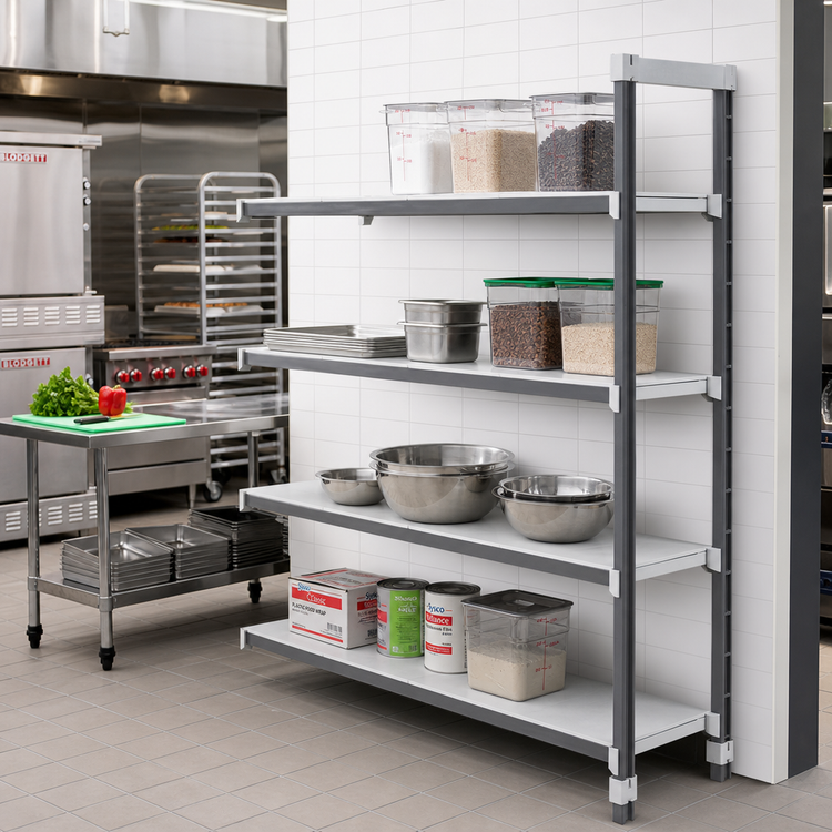 Product image #2 for Cambro Camshelving Elements XTRA 4-Tier Stationary Add-On Polymer Shelving Unit, 18 x 72 x 72 Inches, Solid, Speckled Gray