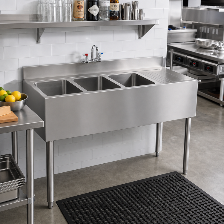 Product image #2 for Krowne Silver Series Three-Compartment Stainless Steel Bar Sink with Integrated Drainboard and Wall-Mount Faucet