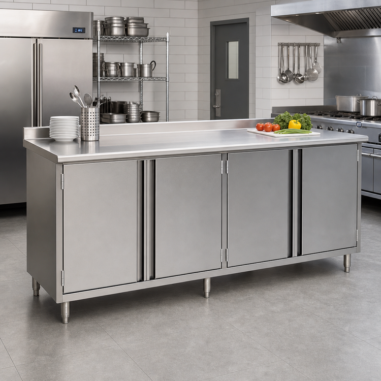 Product image #2 for Spec-Master UCBH30120SE Enclosed Stainless Steel Work Table (Cabinet Base) - 120 in W x 30 in D, 14-Gauge 304 Stainless Top