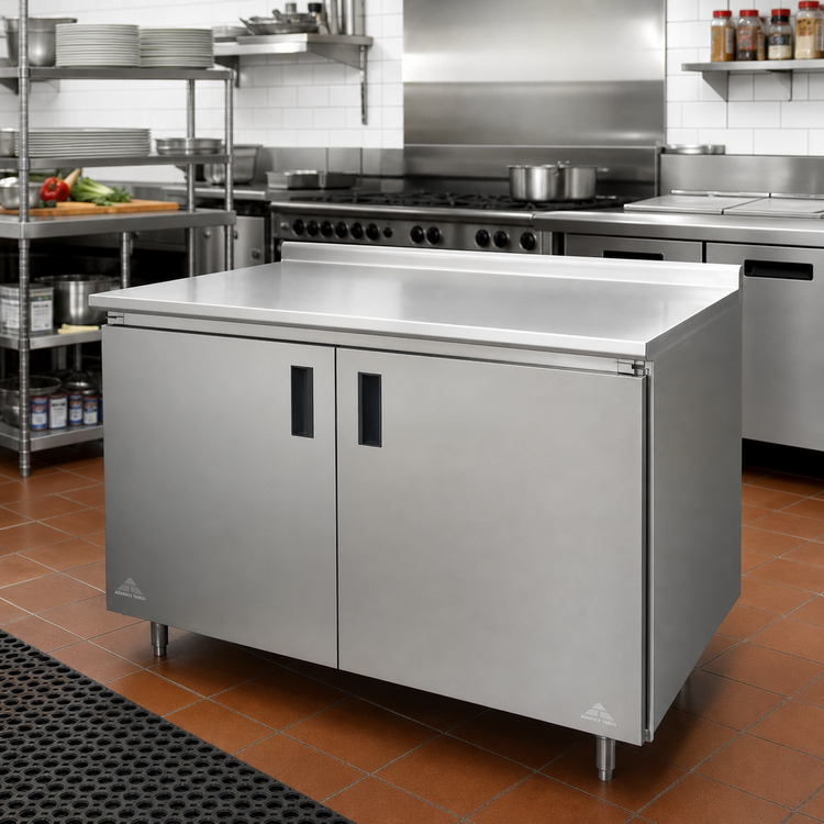 Product image #2 for Advance Tabco Enclosed Stainless Steel Work Table with 14 Gauge 304 Top, Cabinet Base, Mid-Shelf and Hinged Doors, 72 x 30 Inches