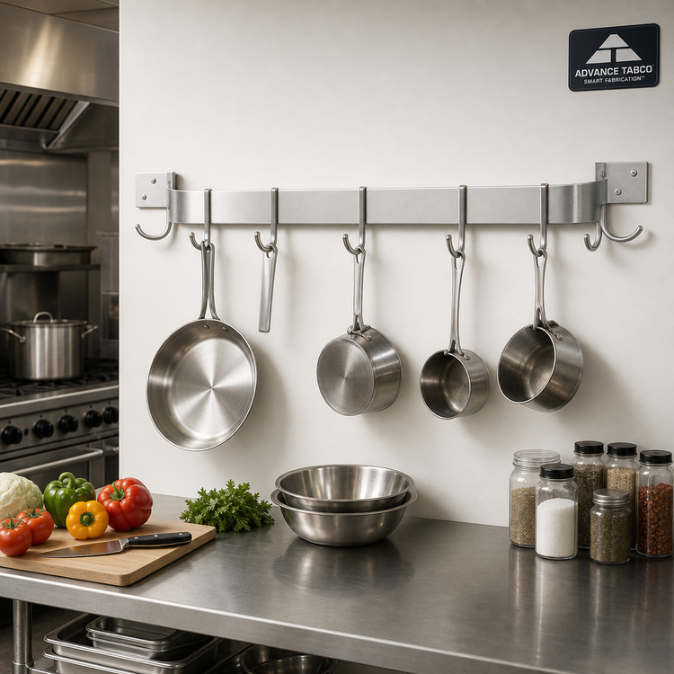 Product image #2 for Advance Tabco 48-Inch Wall-Mounted Single Bar Aluminum Pot Rack with 9 Plated Double Hooks