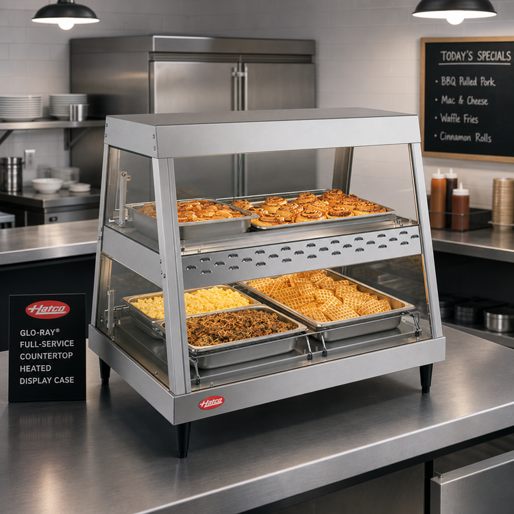 Product image #2 for Hatco Glo-Ray® Full-Service Countertop Heated Display Case, See-Thru, Straight Glass Front, Dual Pan Shelf