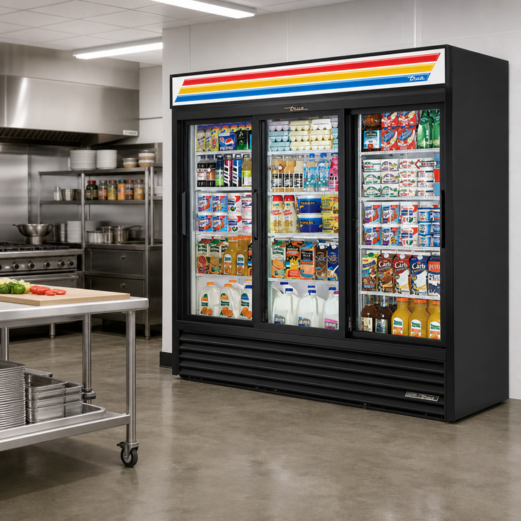 Product image #2 for True 3-Section Glass Door Merchandiser Refrigerator with Sliding Doors, 12 Shelves