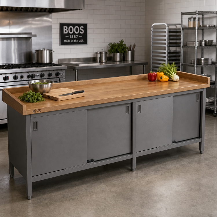 Product image #2 for John Boos Wood Top Work Table with Cabinet Base and Sliding Doors, 96 x 24 Inches, 1-3/4-Inch Thick Laminated Maple Top