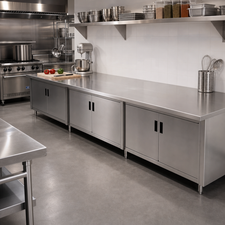 Product image #2 for Advance Tabco Enclosed Work Table with Cabinet Base and Hinged Doors, 144W x 24D, 14-Gauge 304 Stainless Steel Top