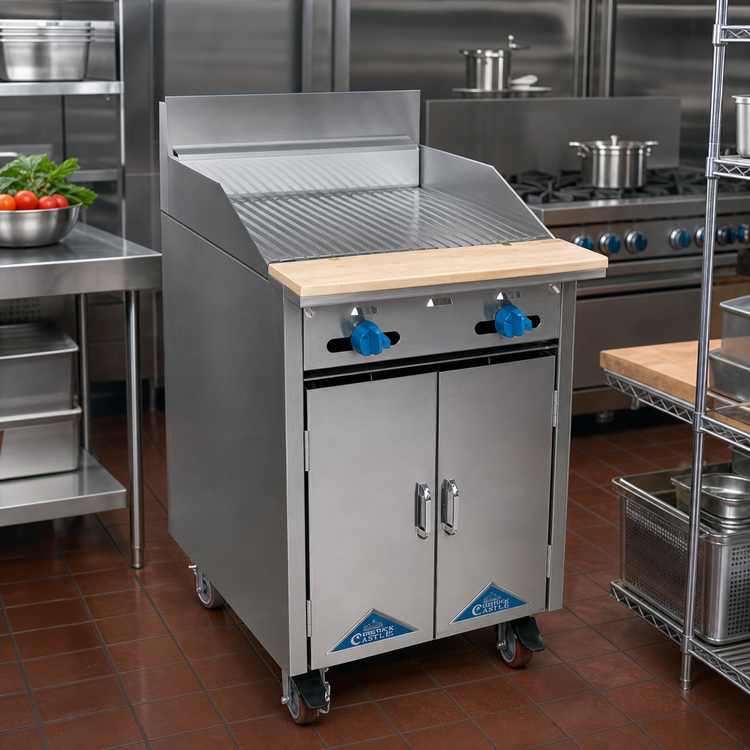Product image #2 for Comstock-Castle 24-Inch Commercial Gas Range with Raised Griddle, Open Front Cabinet Base, and Back Riser Shelf
