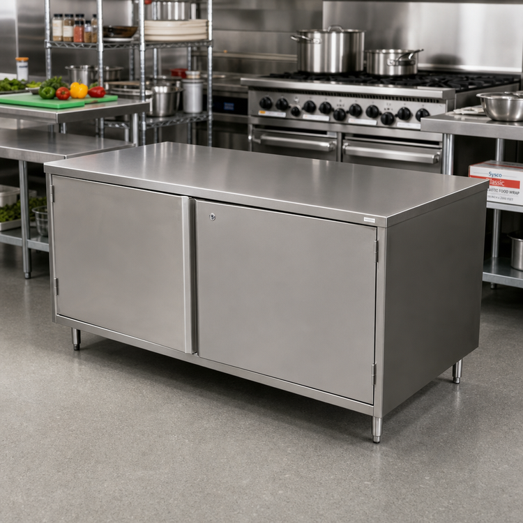 Product image #3 for BK Resources Stainless Steel Chef Table Cabinet Base with Locking Hinged Doors, 72 x 24 Inches
