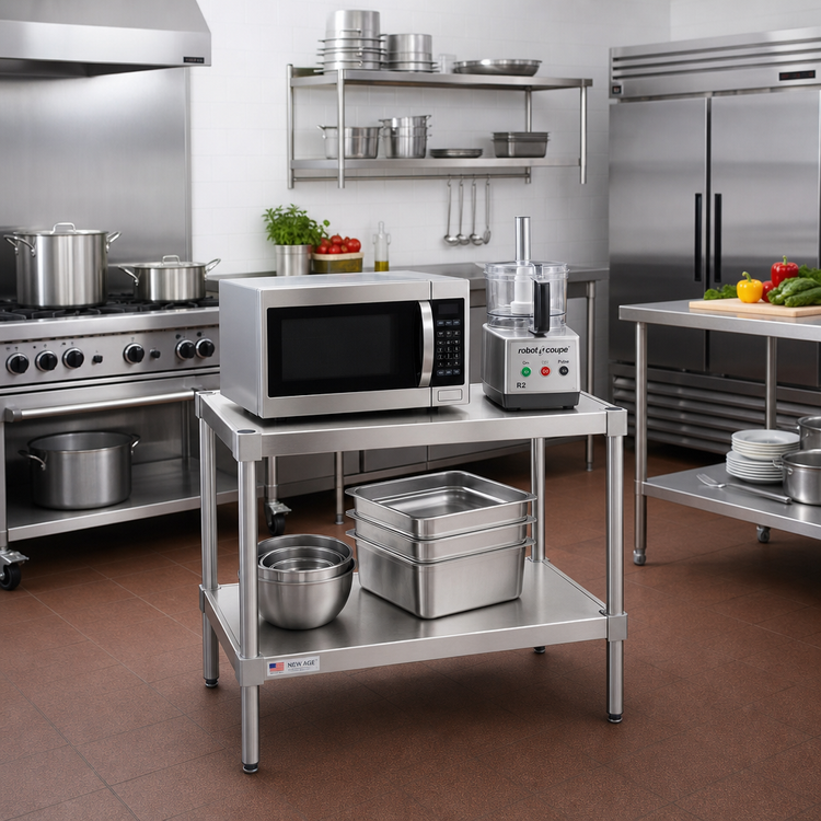 Product image #2 for New Age 36"W x 18"D x 36"H Stationary Modular Aluminum Equipment Stand with 2 Adjustable Solid Shelves