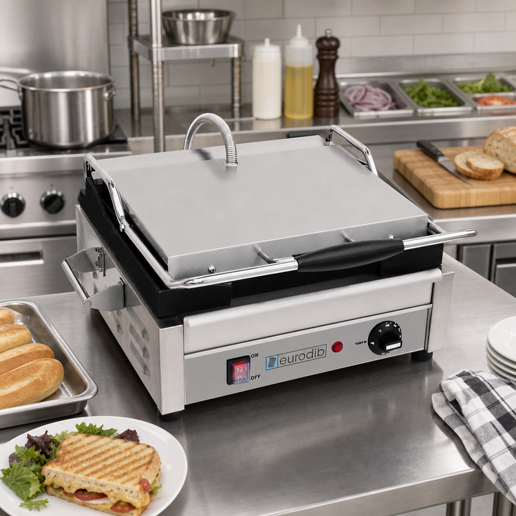 Product image #2 for Eurodib Commercial Countertop Electric Panini Press with Flat Top & Bottom Cast Iron Plates, 14 x 10 Inches