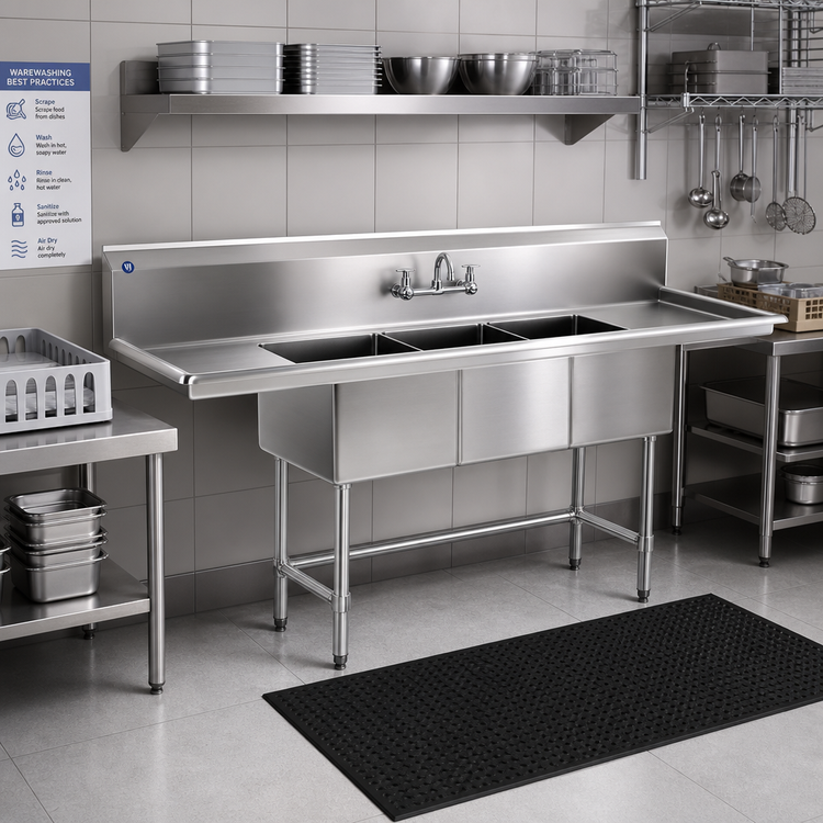Product image #2 for BlendPort® BPFC Series 60-Inch 3-Compartment Sink with Dual 12-Inch Drainboards, 304 Stainless Steel