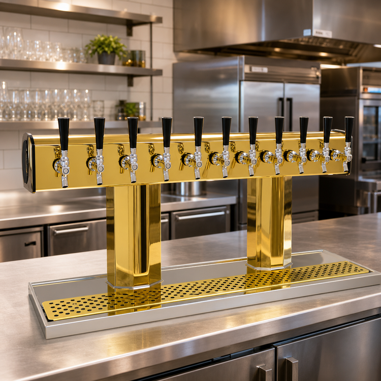 Product image #2 for Glastender Countertop Tee Draft Dispensing Tower with 12 Faucets, Glycol Cooling, and Polished Brass Finish