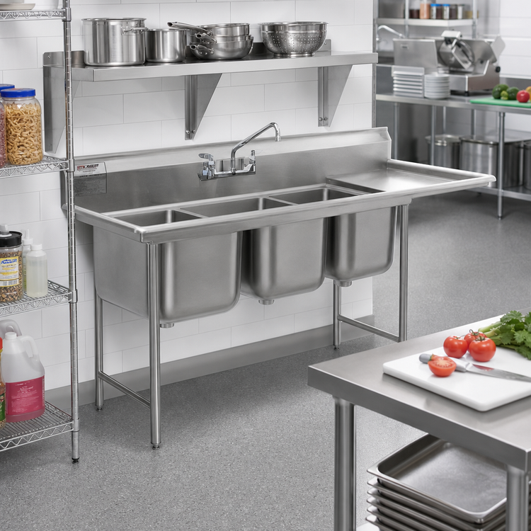 Product image #2 for Eagle Group 414 Series Coved Corner Three-Compartment Stainless Steel Sink with Right-Hand 18-Inch Drainboard, 74-3/8-Inch Wide
