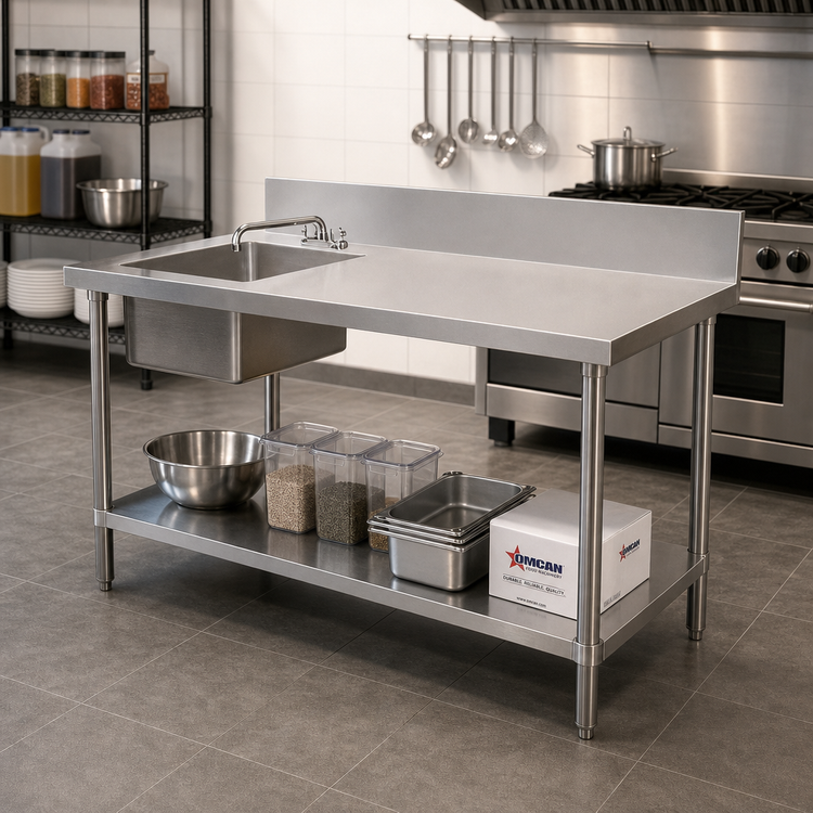 Product image #2 for Omcan 72-Inch Stainless Steel Left-Sink Prep Table with 6-Inch Backsplash and Undershelf