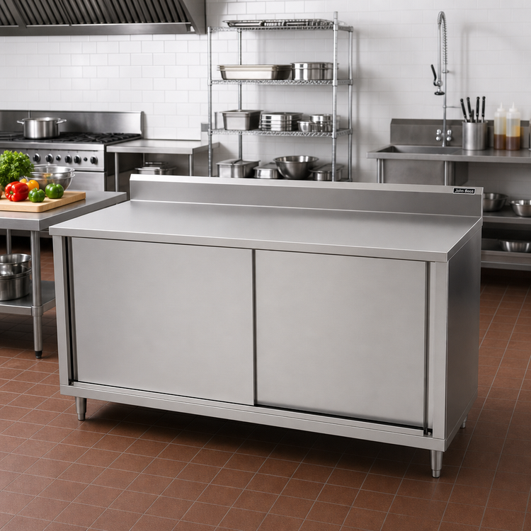 Product image #2 for John Boos 84-Inch x 24-Inch Cabinet Base Stainless Steel Work Table with Sliding Doors and 5-Inch Backsplash