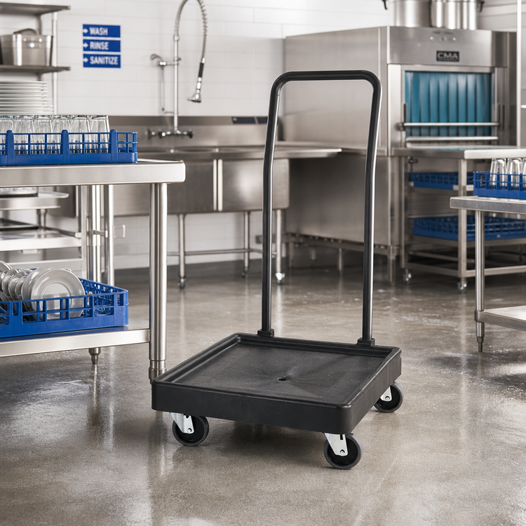 Product image #3 for OptiClean Single-Stack Polypropylene Glass Rack Dolly with Push Handle, Black, 350 lb Capacity