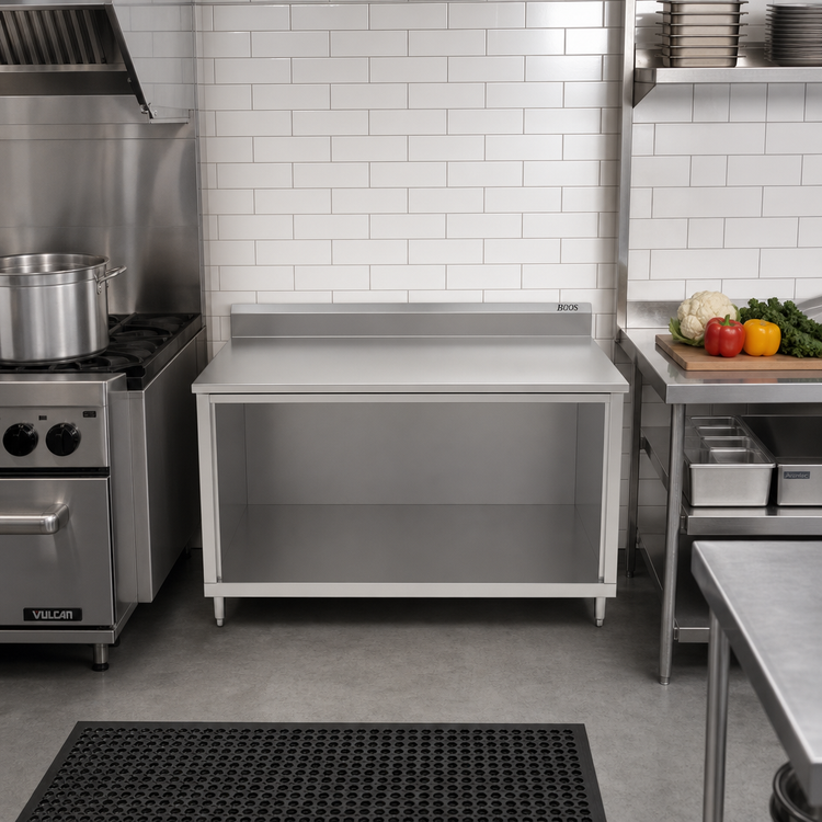 Product image #2 for John Boos 36-Inch x 24-Inch 14-Gauge Stainless Steel Work Table with Open Front Cabinet Base and 5-Inch Backsplash