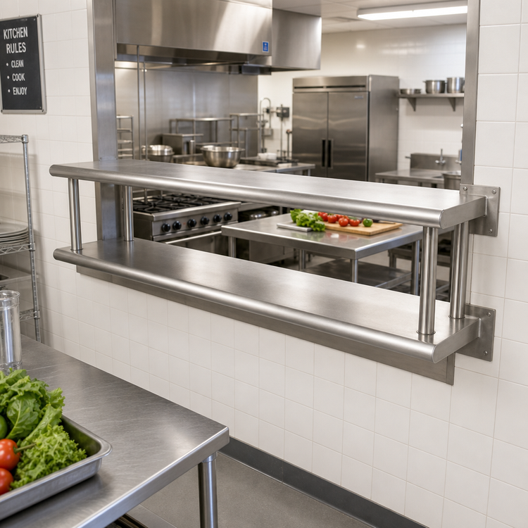 Product image #2 for Double Tier Wall-Mounted Pass-Through Shelf, 120 Inch W x 24 Inch D, 8 Inch Max Wall Thickness, 304 Stainless Steel