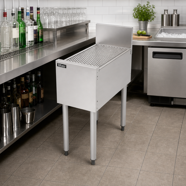 Product image #3 for Top Shelf TSF Series 16-Inch W x 24-Inch D Stainless Steel Freestanding Pitched Underbar Drainboard with Backsplash