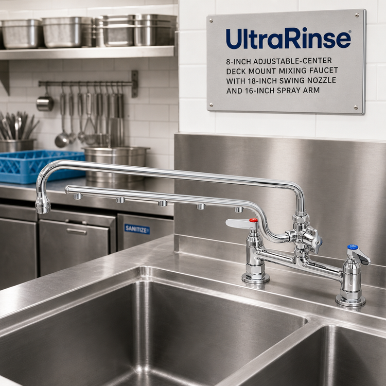 Product image #2 for UltraRinse 8-Inch Adjustable-Center Deck Mount Mixing Faucet with 18-Inch Swing Nozzle and 16-Inch Spray Arm