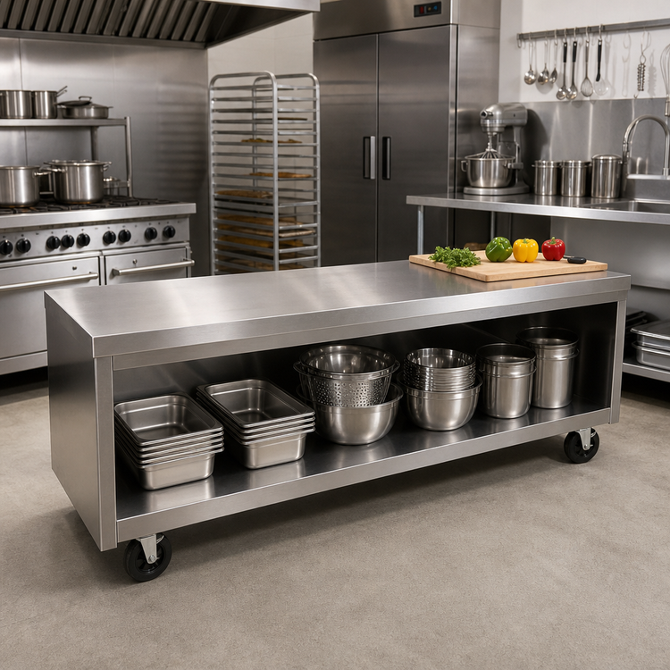 Product image #2 for La Rosa Mobile Stainless Steel Equipment Stand with Open Cabinet Base, 116 x 24 Inches
