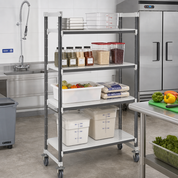 Product image #2 for Cambro Camshelving Elements XTRA High Density Mobile Starter Unit, 24 x 54 x 70-1/4 Inch, 4-Shelf Solid, Speckled Gray
