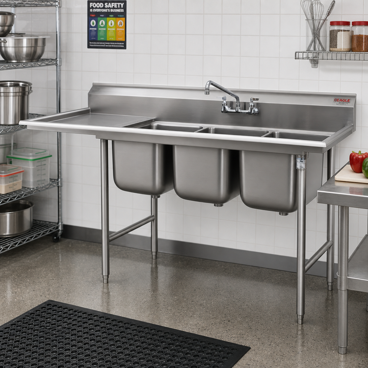 Product image #2 for Eagle Group 414 Series Coved Corner Three-Compartment Sink with 24-Inch Left Drainboard, 24 x 24 x 13-1/2 Inch Bowls