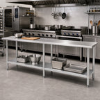 Thumbnail image #2 for Eagle Group Deluxe T24108EB Stainless Steel Work Table, 108 x 24 in, Open Base, Adjustable Galvanized Undershelf, Flat Top