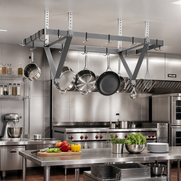 Product image #2 for Eagle Group Ceiling-Mounted Triple-Bar Stainless Steel Pot Rack, 28 x 20 x 18 Inches