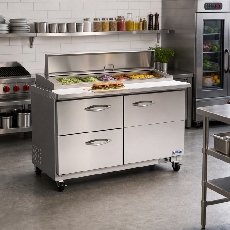Product image #2 for IKON Refrigeration Mega Top 2-Section Sandwich/Salad Prep Table with 4 Drawers, 61.2 Inch Wide