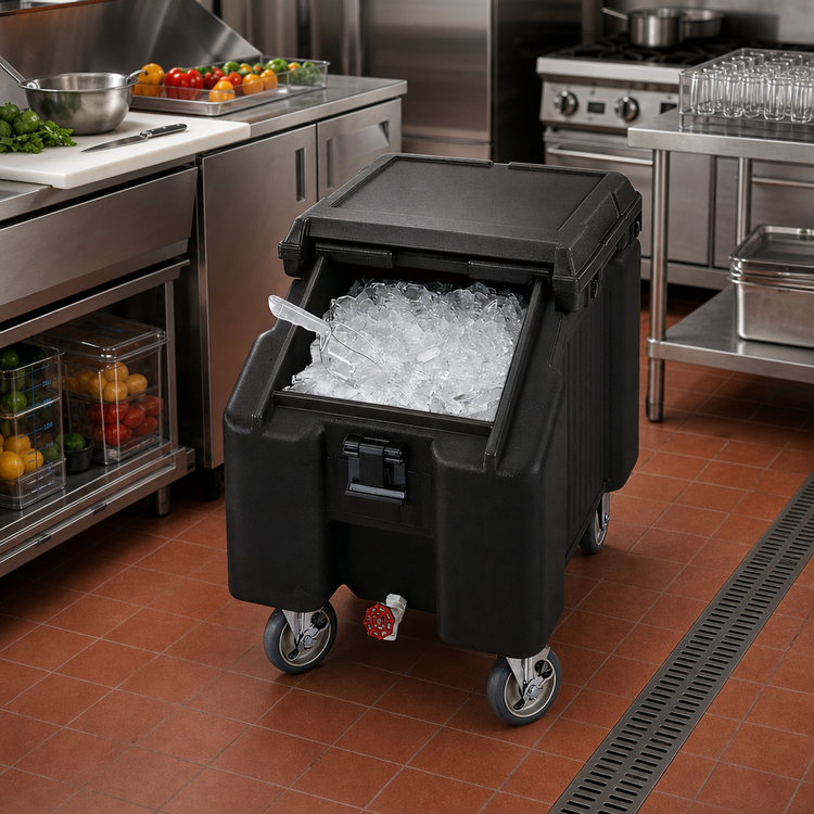 Product image #3 for Cambro SlidingLid 100 lb Mobile Slant Top Ice Caddy with 4 Swivel Casters