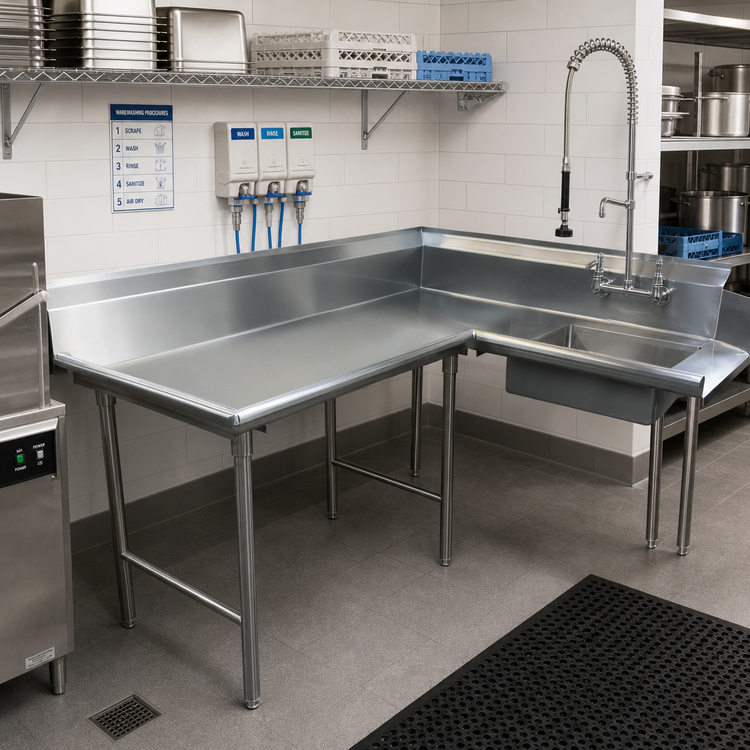 Product image #2 for Advance Tabco Korner Soil L-Shaped Dishtable with Pre-Rinse Sink, Left-Hand, 95-Inch, 16-Gauge 304 Stainless Steel