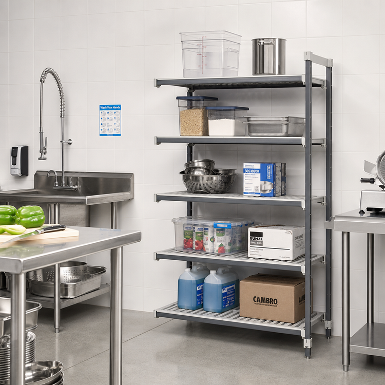 Product image #2 for Cambro Camshelving Elements XTRA 24"W x 36"L x 72"H 5-Tier Stationary Add-On Polymer Shelving Unit
