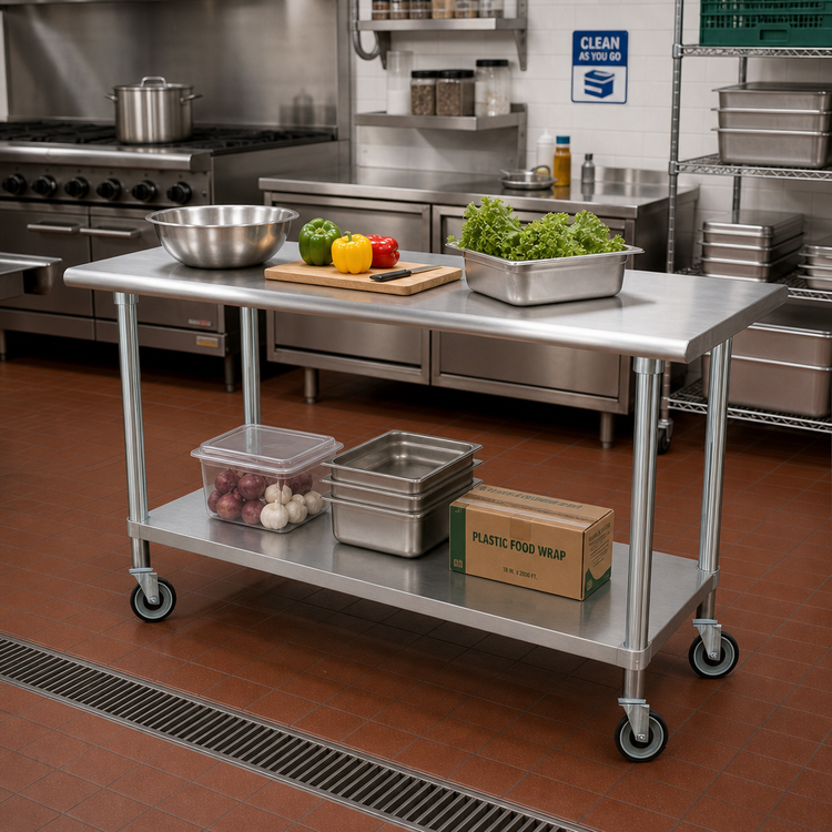 Product image #2 for Advance Tabco Special Value Series 72-Inch x 30-Inch Flat Top Mobile Work Table with Adjustable Undershelf and Casters