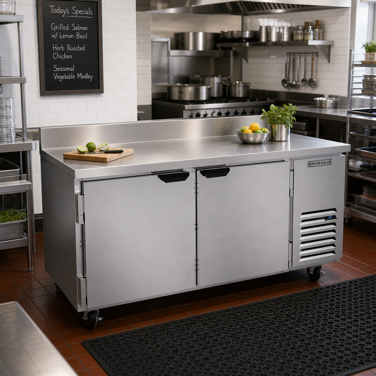 Product image #2 for Beverage-Air 67-Inch Two-Section Side-Mount Worktop Refrigerator with 4-Inch Backsplash and Solid Doors