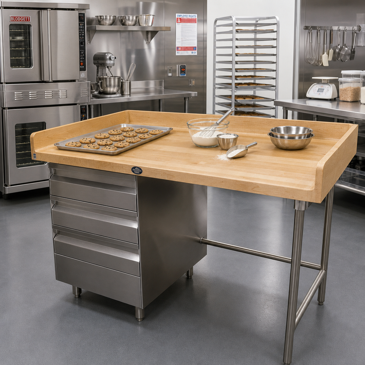 Product image #2 for Advance Tabco 60 Inch x 36 Inch Bakers' Top Work Table with 1-3/4 Inch Wood Top, 4 Inch Splash and Left Drawer Storage