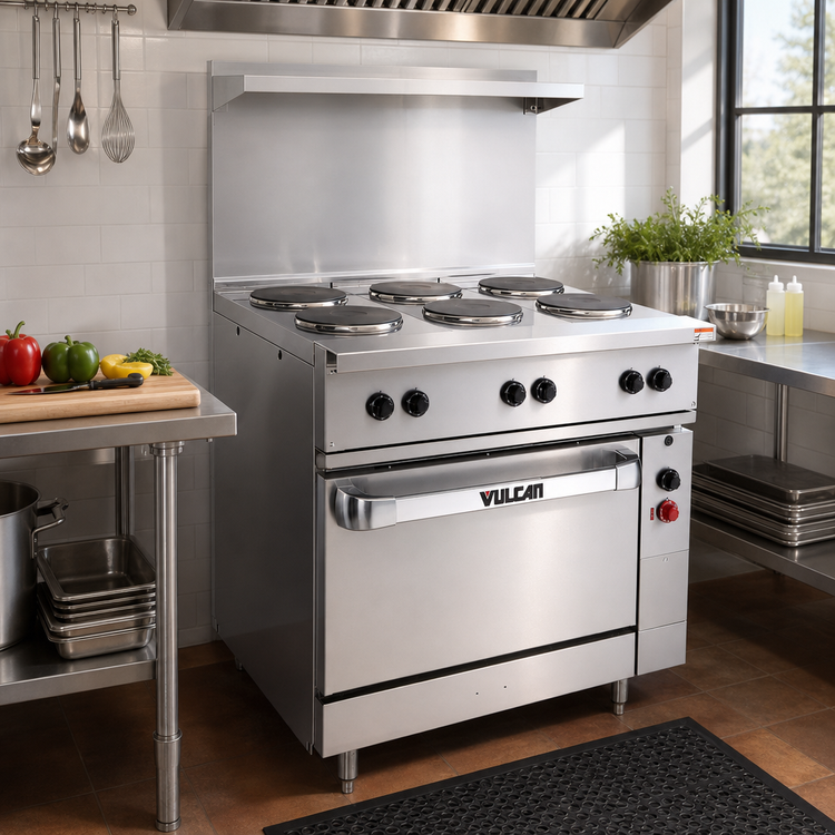 Product image #3 for Vulcan 36-Inch Electric Restaurant Range with 3 Hot Tops and Standard Oversized Oven, 240V