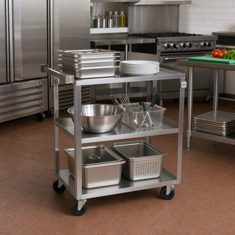Product image #2 for BK Resources 3-Tier Stainless Steel Utility Cart, 24 x 15-1/2 Inch Shelves, 4 Swivel Casters, Knocked Down
