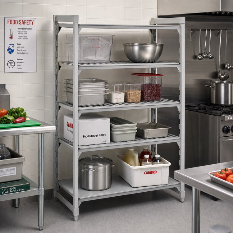 Product image #3 for Cambro Camshelving Premium 4-Tier Stationary Polymer Shelving Starter Unit, 24 x 48 x 64 Inches, Vented and Solid Shelves, Speckled Gray