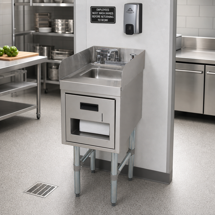 Product image #2 for Advance Tabco Underbar Basics 15-Inch Freestanding Stainless Steel Hand Sink with 4-Inch Side Splashes, Soap Dispenser, and Towel Dispenser
