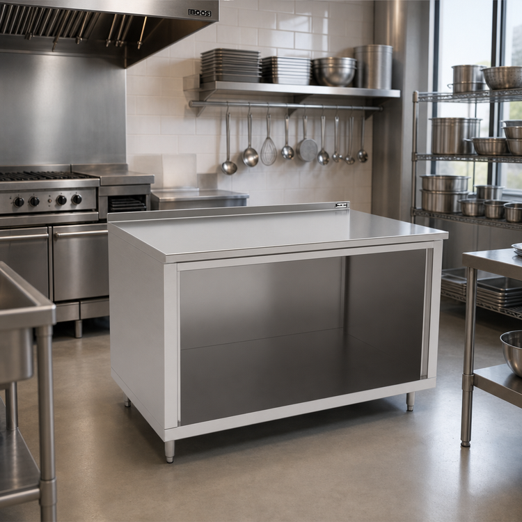 Product image #2 for John Boos Open Front Cabinet Base Work Table, 72 Inch W x 30 Inch D, 16 Gauge Stainless Steel Top, 1-1/2 Inch Rear Riser