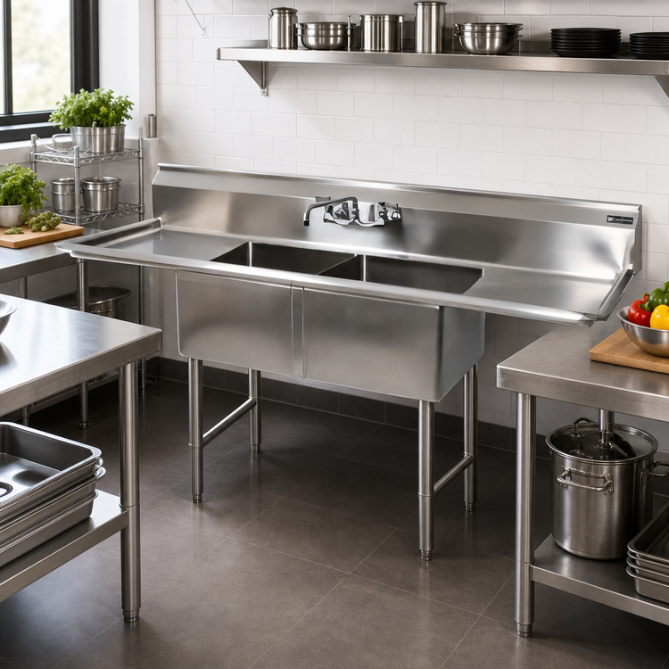 Product image #2 for BK Resources 96-Inch Wide 2-Compartment Stainless Steel Sink with Left and Right Drainboards